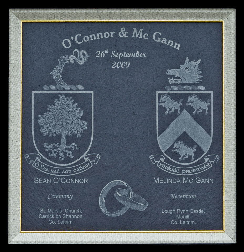 Wedding plaque with family crests and cremony details